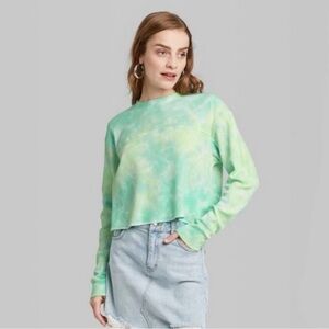 Wild Fable Tie Dye Cropped Thermal Long Sleeve Top XS Blue Green